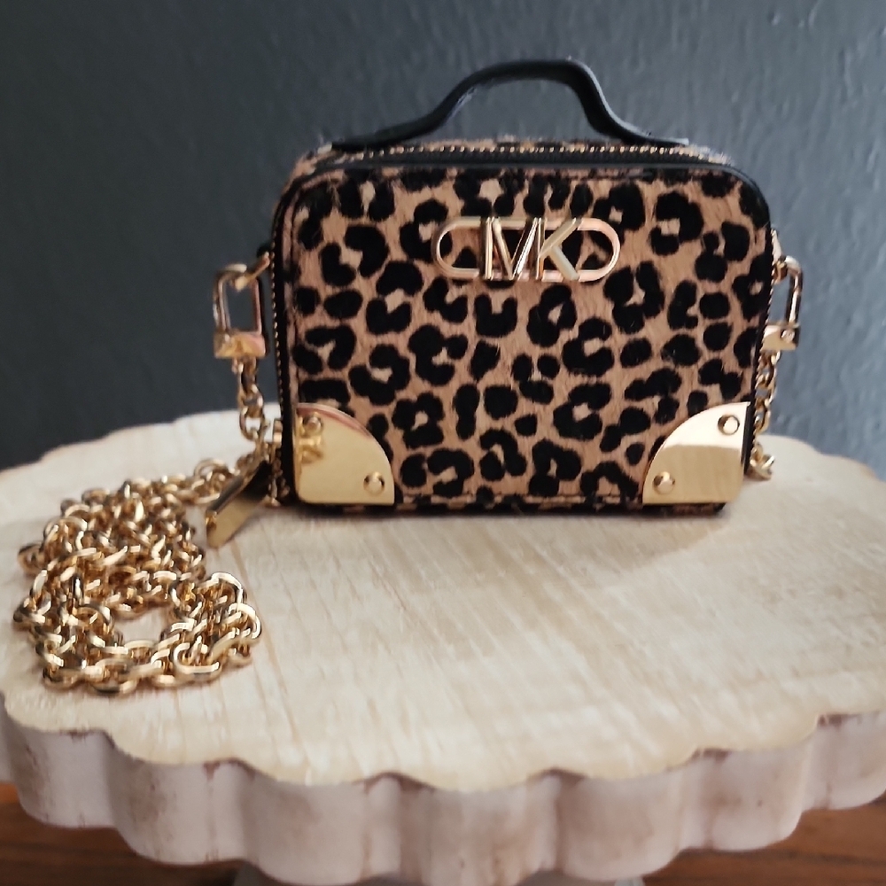 Brown and Gold Micro Mini Bag with Leopard Print
